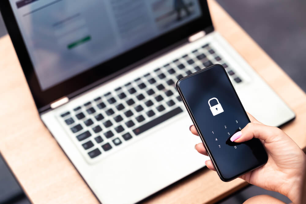Phone password lock for mobile cyber security or login verification passcode in online bank app.